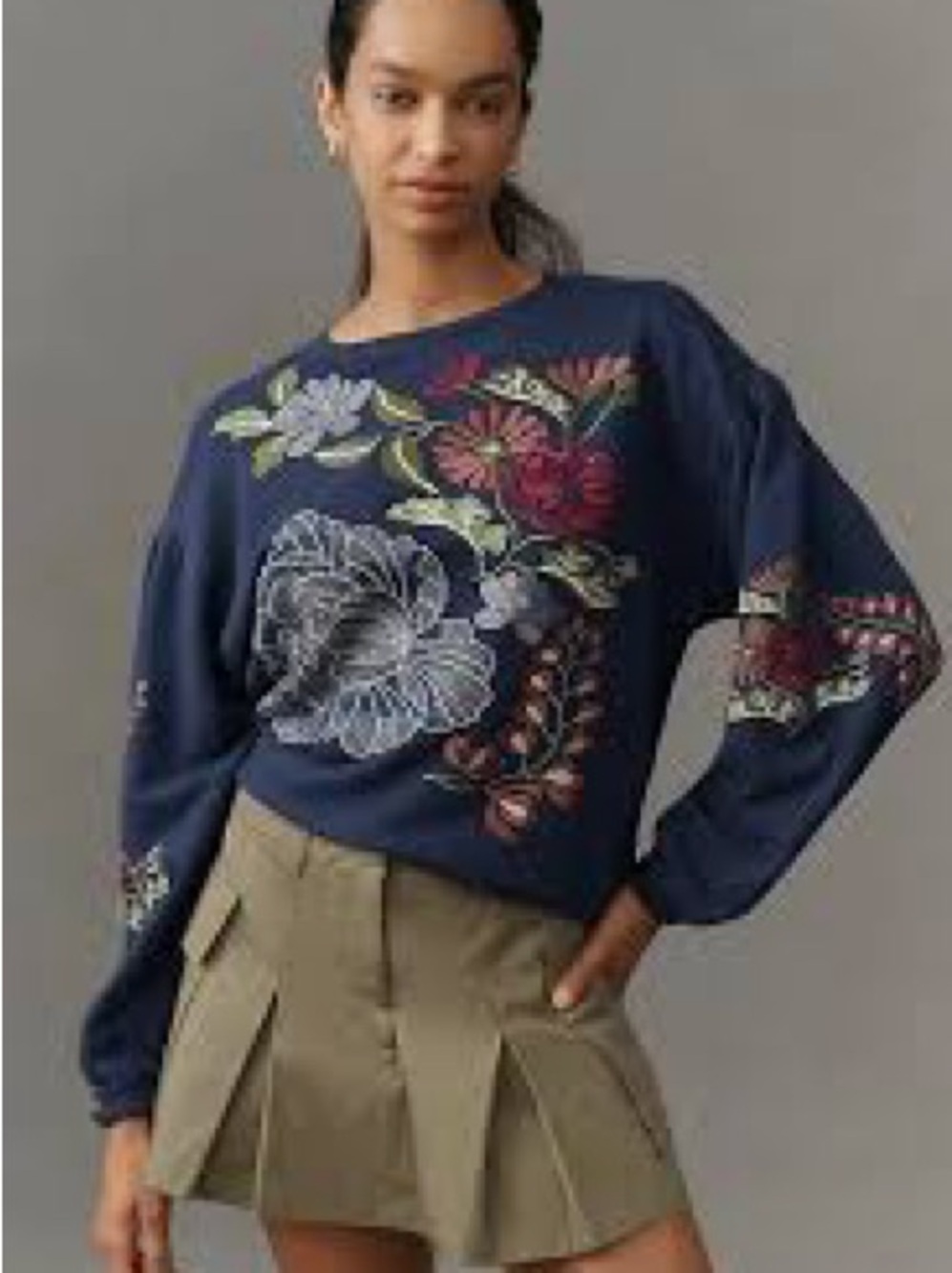 Anthropologie Navy Sweatshirt with Multicolor Floral Embroidery